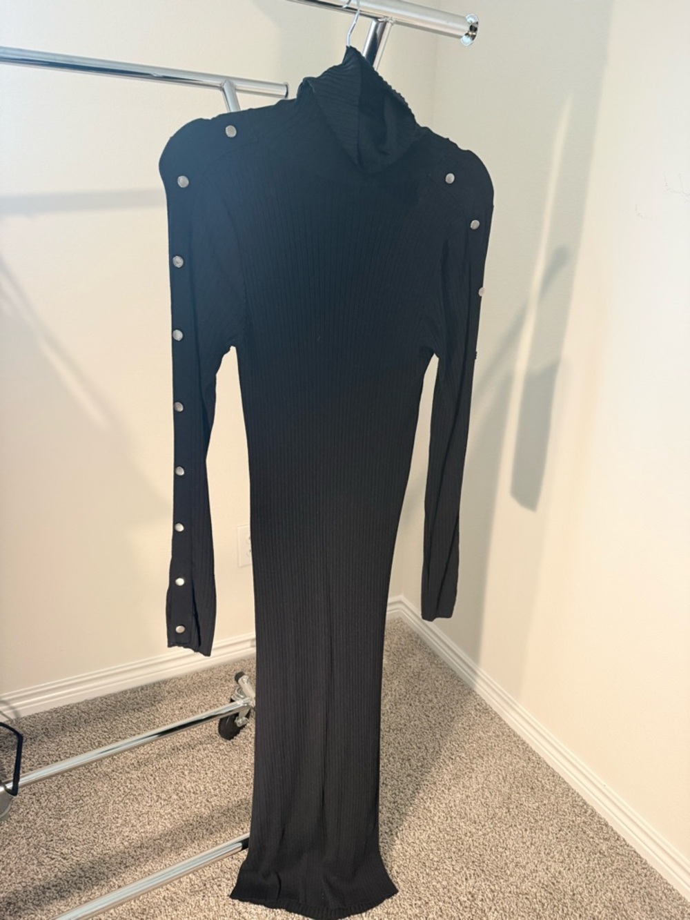 Zara Black Ribbed Turtleneck Button-Trim Maxi Dress